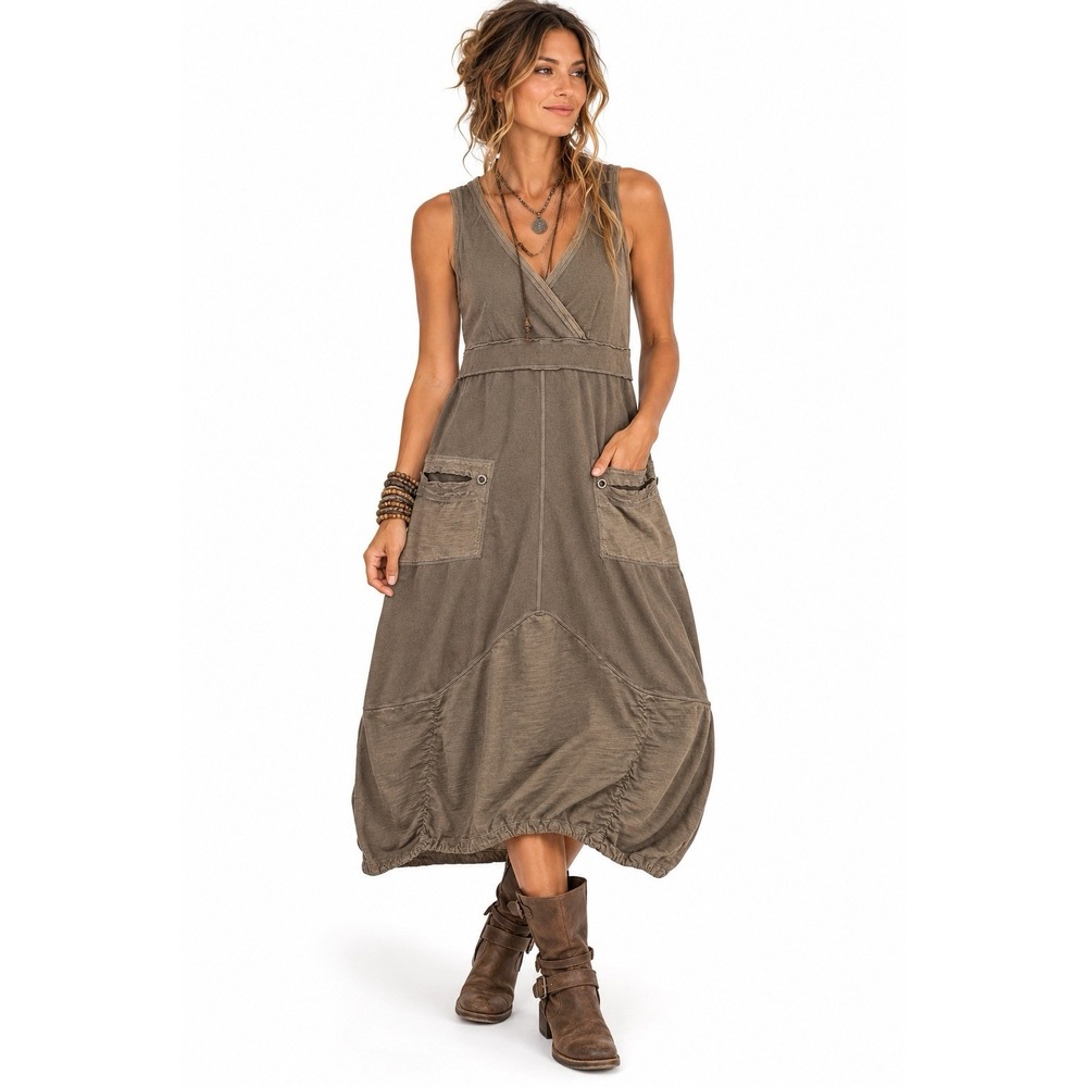 Neon Buddha Lagenlook Midi Balloon Dress S Olive Boho Cottagecore Festival